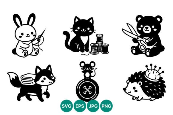 Black White Cute Animals Sewing Vector