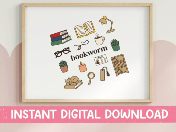 Bookworm Reading Icon Cluster Print