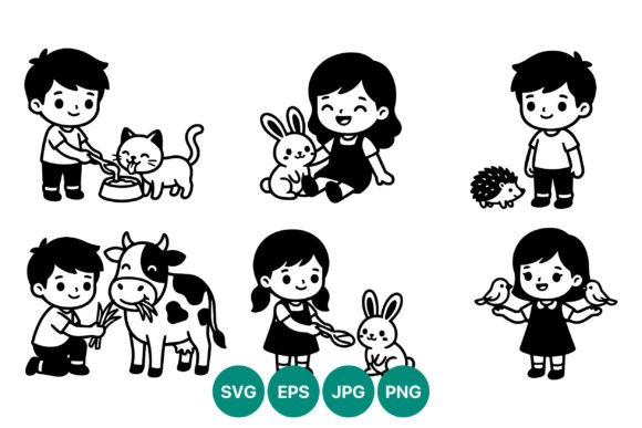 Children Feeding and Playing with Pets