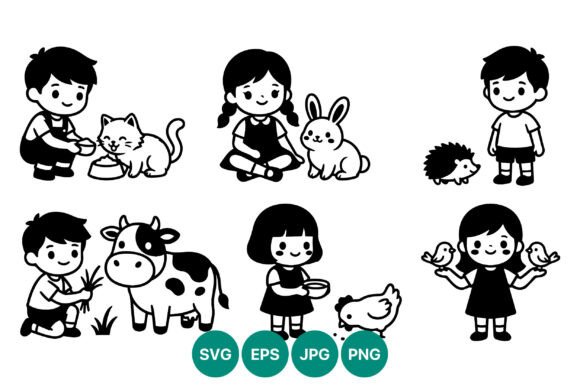 Children with Farm Animals Vector Art