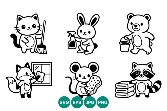Cute Animal Cleaning Vector Art