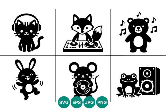 Cute Animal Music Characters Black White