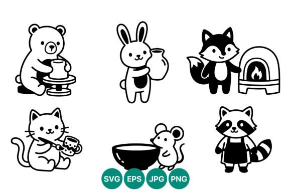 Cute Animal Pottery Black White Vector