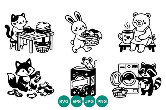 Cute Animals Doing Laundry Vector Art