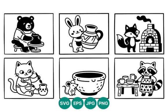 Cute Animals Making Pottery Black White