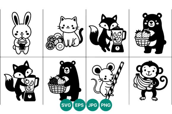Cute Animals with Fruits Vector Line Art