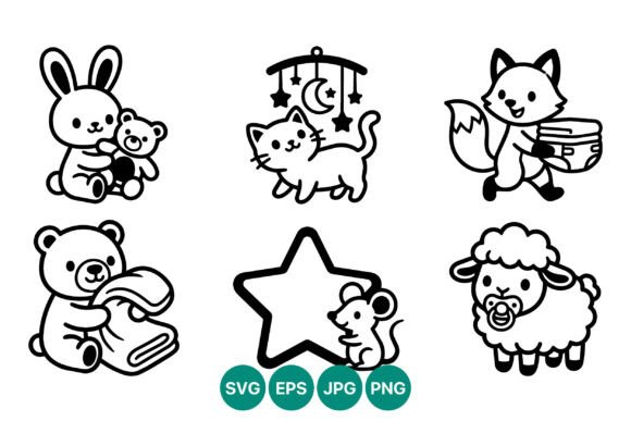 Cute Black White Animals Line Art
