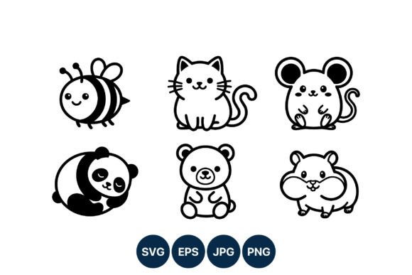 Cute Black White Kawaii Animal Line Art