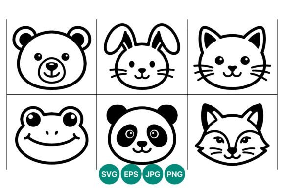 Cute Cartoon Animal Faces Line Art
