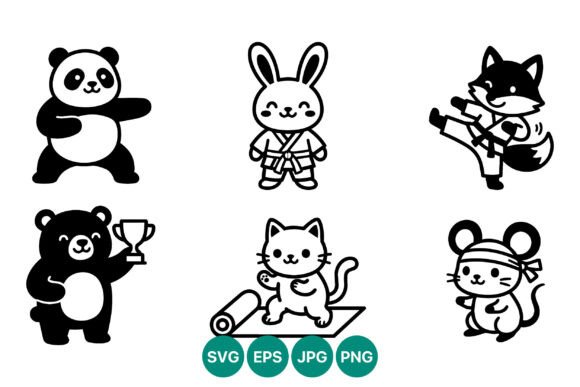 Cute Cartoon Jungle Animals Line Art