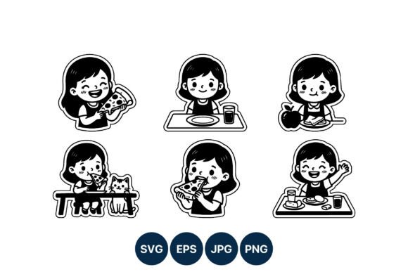 Cute Girl Eating Pizza and Healthy Food