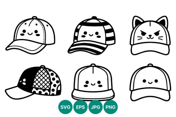 Cute Kawaii Baseball Caps Vector Set