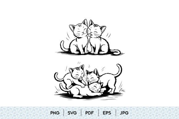 Cute Kittens Playing and Cuddling Line Art