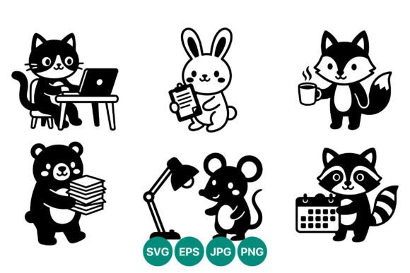 Cute Office Animals Black White Vector