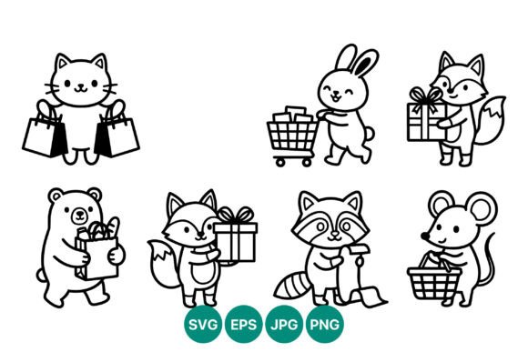 Cute Shopping Animals Line Art Vector