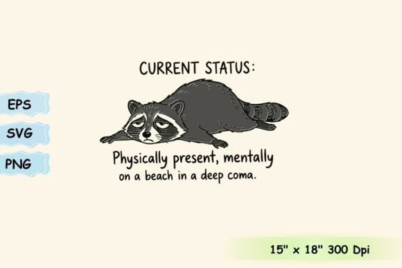 Funny Grumpy Raccoon Mentally on a Beach