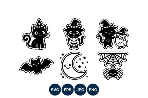 Halloween Cats Witch Pumpkin Moon Stars