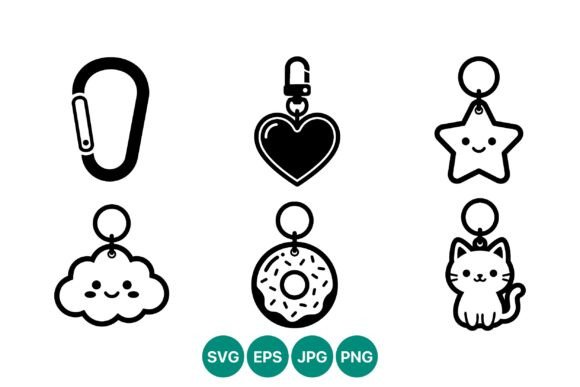 Kawaii Black White Keychain Vector Icons