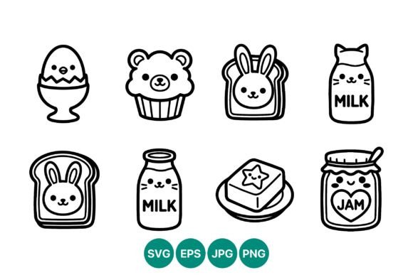 Kawaii Food Icons Black White