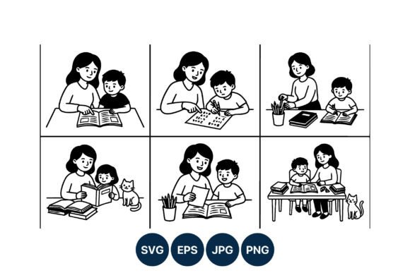Mother and Child Reading and Studying