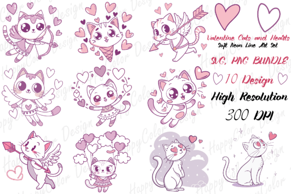Valentine Cats Hearts – Soft Neon Line